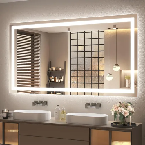 Vista 28 de Espejo de baño LED iluminado de 30 x 30 pulgadas para pared, espejo cuadrado de tocador con luces, regulable, antivaho, a prueba de roturas