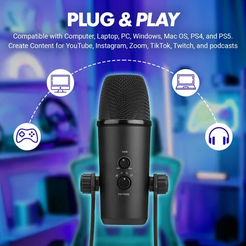 Vista 2 de Movo UM700 Condensador de computadora USB Micrófono para juegos con patrones de recogida ajustables - Micrófono para PC, PS5, podcasting
