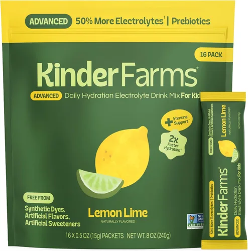 Kinderlyte Polvo de electrolito, hidratación avanzada, paquetes fáciles de abrir, mezcla de bebidas suplementarias (lima limón, 16 unidades) | No