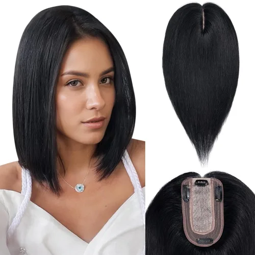 Vista 20 de Peluca de cabello con clip con flequillo, peluca secreta de cabello 100% humano, postizo superior con flecos, peluca de repuesto para mujer