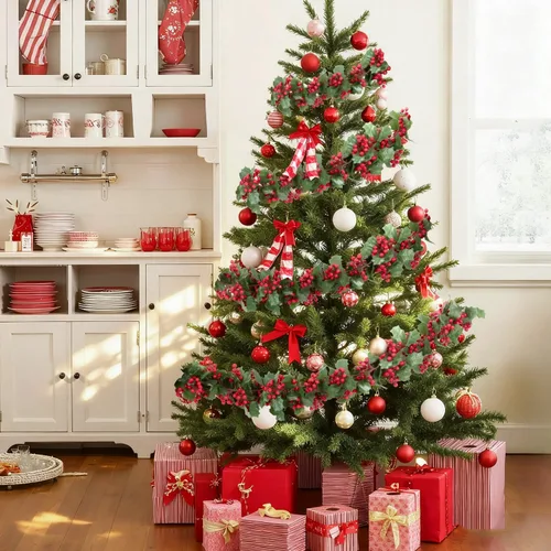 Vista 6 de Findosom Guirnalda de Navidad Total de 11.2 pies para repisa de chimenea, 2 piezas de guirnalda flexible de bayas rojas con hojas, guirnaldas