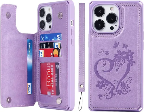 Vista 16 de iCoverCase Funda compatible con iPhone 13 Pro Max con tarjetero para mujer, bloqueo RFID en relieve de piel sintética con correa de muñeca de 6.7