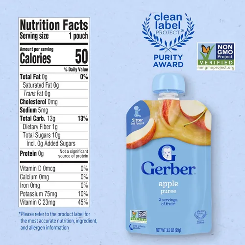 Vista 2 de Gerber Alimentos para bebés en bolsas, Segundos alimentos para bebés, manzana, 3.5 onzas cada una (paquete de 12)