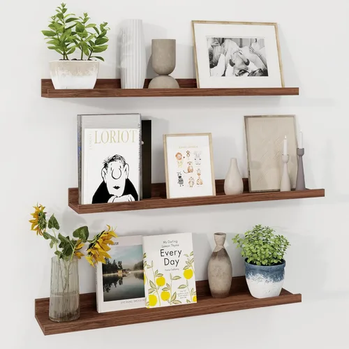 Vista 25 de Axeman Estante de repisa para cuadros Juego de 3 estantes flotantes negros de 16 pulgadas Estantes de pared de madera rústica con borde