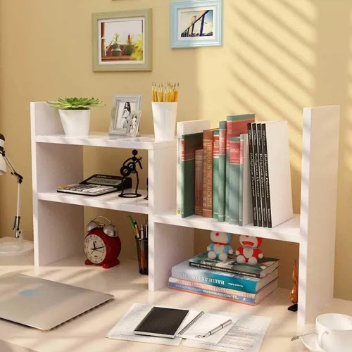 Vista 5 de Expandable Desktop Bookshelf & Desk Organizer Shelf - Wooden Table Top Storage Organizer with Shelves, Corner Storage Rack, Small Desk Hutch for