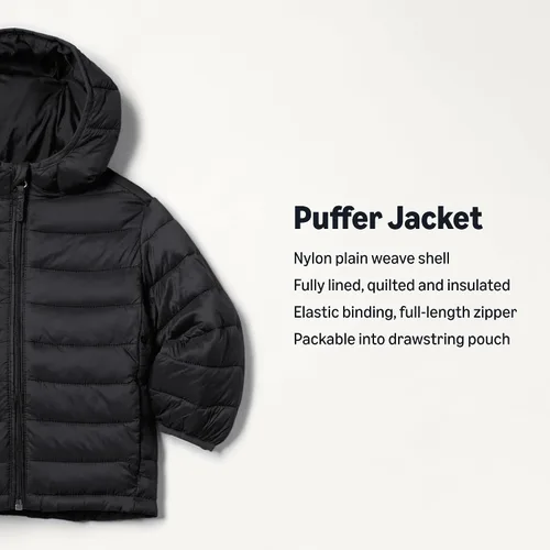 Vista 2 de Amazon Essentials Chaqueta acolchada ligera y resistente al agua con capucha para niños y niños pequeños Negro