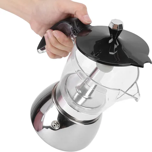 Vista 6 de Qiilu Olla moka prémium de 6 tazas, cafetera de acero inoxidable de 10.1 fl oz con tapa de vidrio, olla octogonal italiana para capuchino, café