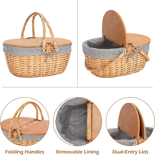 Vista 2 de Cesta de picnic de mimbre con forro, cesta de picnic de madera con tapa dividida, canasta de picnic de estilo vintage con asa tejida plegable