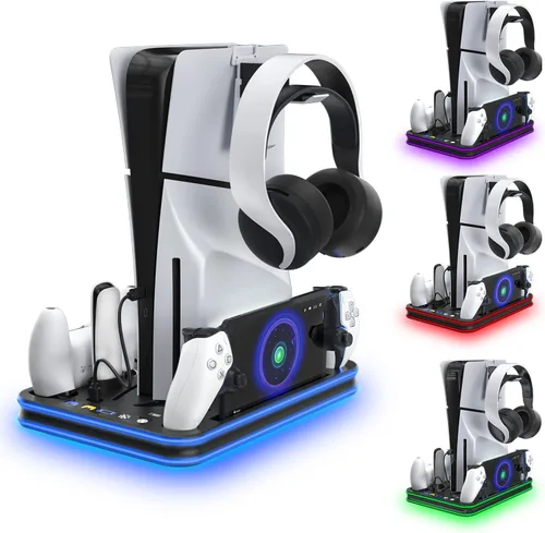 Cargador PlayStation Portal, Soporte PS5 y Estación de Refrigeración con Accesorios de Base de Carga de Controlador LED RGB, Controlador PS5 Edge y