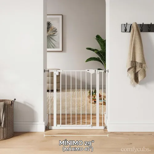 Vista 3 de Comfy Cubs Puerta de seguridad para bebés con 3 extensiones – Barrera ajustable de acero Q195 para puertas de 42" x 1.9" x 30" – Acabado con Rubor