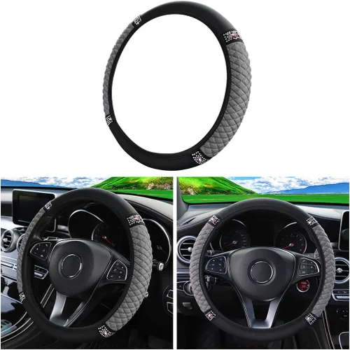Vista 15 de Funda de cuero suave para volante, 15 pulgadas, con diamantes de imitación coloridos, protector de volante elástico automático, diamante de cristal