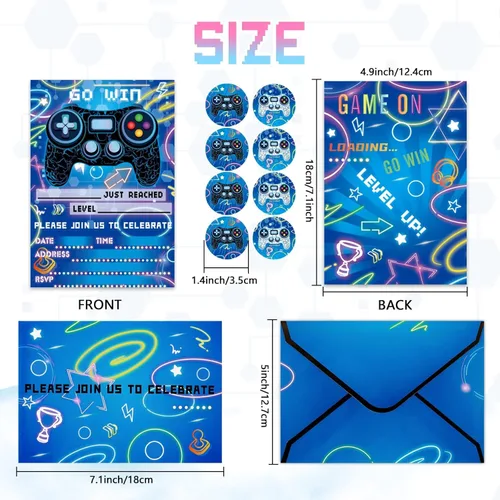 Vista 6 de WERNNSAI Invitación para Fiesta de Videojuego - Juego de 24 Tarjetas de Cumpleaños de Juego Azules para Llenar con Sobres y Adhesivo para Niños