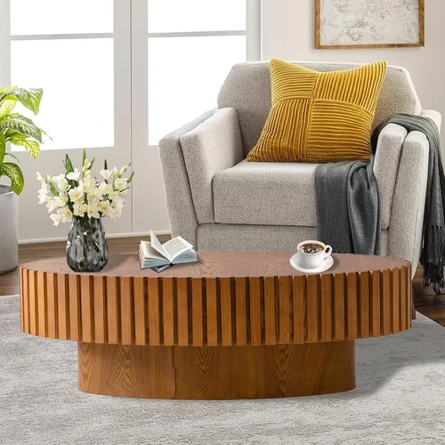 Vista 10 de Oval Drum Coffee Table, Fluted Modern Unique Tea Tables, Center Tables for Living Room, Small Space, Apartment, Farmhouse