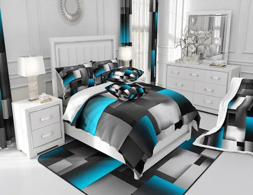 Vista 6 de Funda de edredón cuadrada azul, juego de ropa de cama de cuadrícula gris y blanca, funda de edredón moderna para decoración de habitación de niños