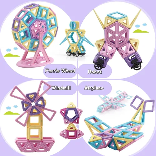 Vista 6 de ASOK Bloque de construcción magnético, 155 piezas de azulejos magnéticos educativos, aprendizaje y desarrollo, juego de juguetes de color macarrón