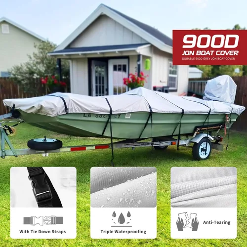 Vista 6 de Jon - Funda para barco de 16 pies, 900D resistente al agua, remolcable Jon Boat de 16 pies con cubierta de motor, lona de grado marino, gris