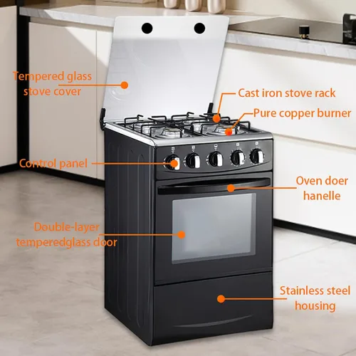 Vista 3 de Estufa de gas portátil de 20" - Equipada con 4 quemadores de bobina y horno de acero inoxidable (Negro: encendido automático)