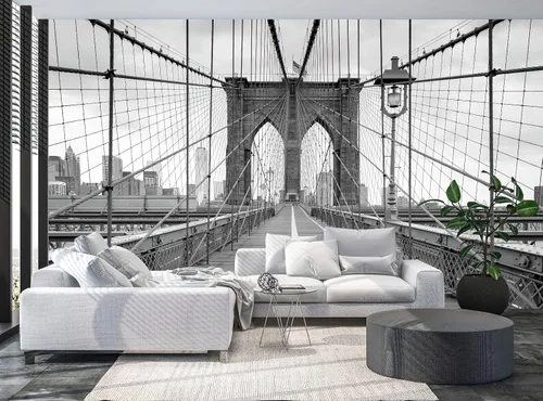Vista 3 de Papel tapiz fotográfico 3D de Brooklyn Bridge, mural de puente de edificio de la ciudad, murales de pared, espacio para sala de estar, dormitorio