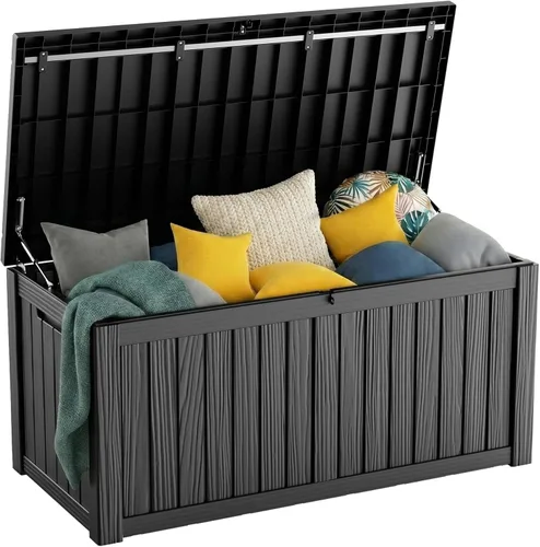 Vista 13 de Caja de resina de 30 galones para terraza, caja de almacenamiento para patio al aire libre con cierre para muebles, herramientas de jardín