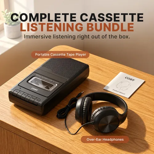 Vista 8 de Coby Reproductor de cassette portátil y grabadora con auriculares sobre la oreja, micrófono integrado, grabación de un solo toque, parada