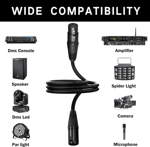 Vista 2 de Cable DMX flexible de 10 pies de señal XLR macho a hembra, cable DMX para iluminación de escenario, luces de DJ, cabezal móvil y accesorios LED par