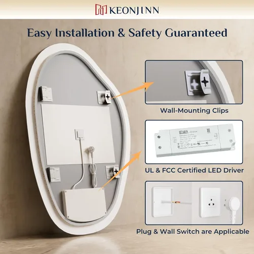 Vista 9 de Keonjinn Espejo retroiluminado irregular de 24 x 30 pulgadas, espejo de baño LED asimétrico con vidrio templado HD, controlador LED