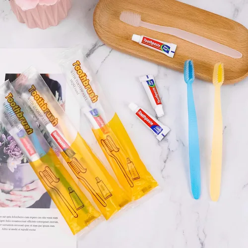 Vista 2 de Paquete de 30 cepillos de dientes desechables con pasta de dientes, cepillos de dientes desechables envueltos individualmente, cepillos de dientes a