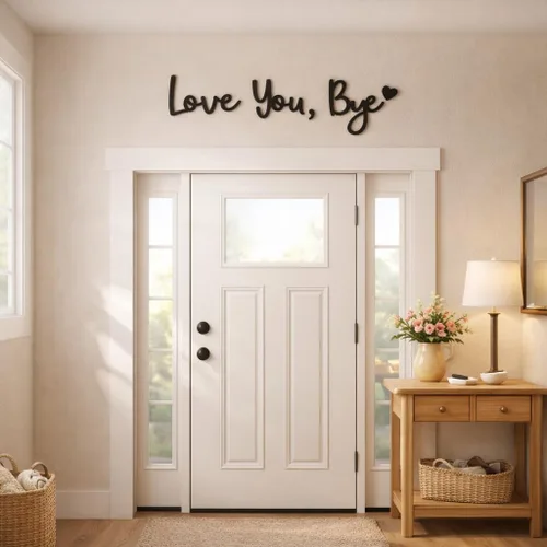Vista 4 de Letrero de madera con texto en inglés "Love You Bye", letras de decoración de pared 3D para entrada por encima de la puerta, decoración bohemia