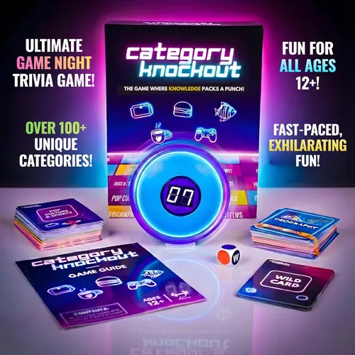 Categoría Knockout: Juego de Trivia y Desafío de Palabras de Ritmo Rápido para Familias, Adultos y Niños — Buzzer + Dados, 100+ Cartas, Rondas