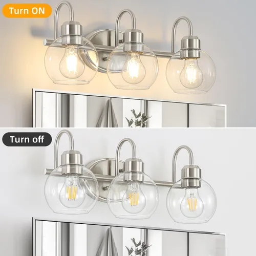 Vista 2 de Lámpara de tocador de baño de 3 luces, lámparas de pared de níquel cepillado, aplique de pared moderno con pantallas de vidrio transparente