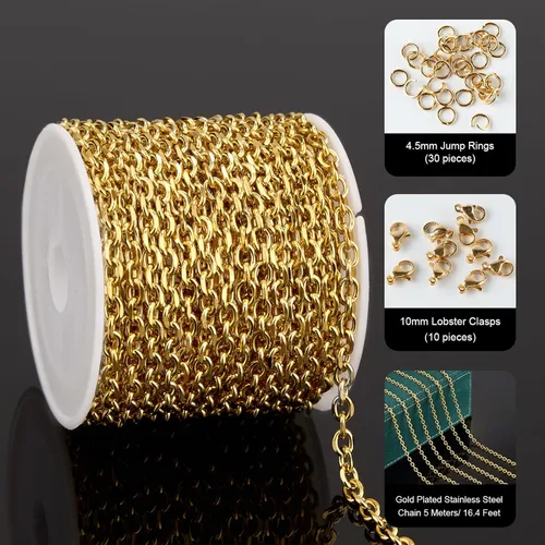 Vista 2 de UMAOKANG Cadenas chapadas en oro de 16.4 pies para hacer joyas, cable de acero inoxidable, rollo de cadena de joyería con accesorios de joyería