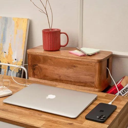 Vista 4 de Caja grande de gestión de cables - Madera de acacia - Caja organizadora de cables y caja de tira de alimentación para la gestión de cables