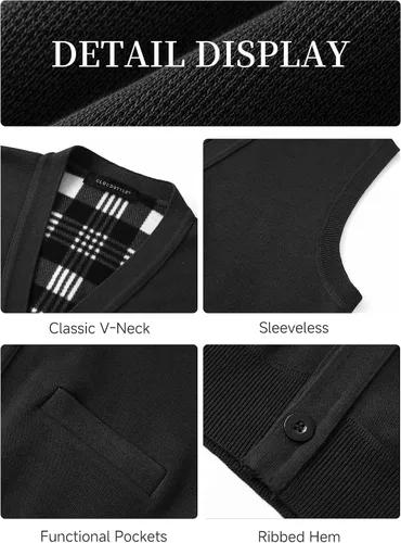 Vista 6 de Cloudstyle Chaleco de suéter para hombre con cuello en V y botones Negro