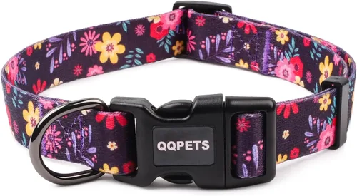 Vista 13 de QQPETS Collar suave ajustable para perro: Estampado de flores rosadas, multicolor, lindos patrones para especies pequeñas, talla XS, especies