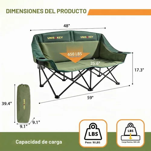 Vista 4 de Unisakey Silla de campamento doble, sofá biplaza acolchado de gran tamaño, silla plegable resistente de 650 libras con portavasos y bolsa de Azul