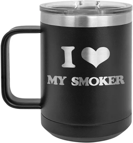 I Love My Smoker BLACK 15 oz Coffee Cup w/Slide Top Lid | Insulated Travel Coffee Mug | BBQ & Grilling Gift Idea For Men Who Have Everything, Dad &