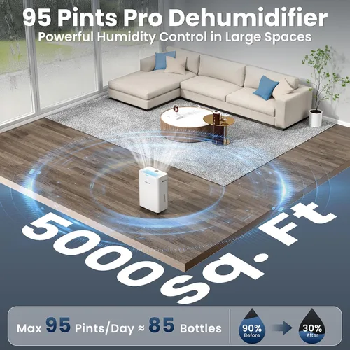 Vista 2 de Deshumidificador de 5000 pies cuadrados, deshumidificador de máximo 95 pintas/día para sótano y hogar, deshumidificador de compresor con manguera