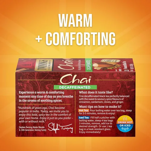 Vista 2 de Twinings, Decaffeinated Chai - Té negro Chai sin cafeína y con especias dulces y sabrosas, caliente o helado, el embalaje puede variar, 120 bolsitas