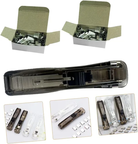 Vista 6 de STOBOK 1 juego de grapadoras sin marcas, grapadora resistente, dispensador de cinta blanca, clips de metal, grapadora transparente resistente