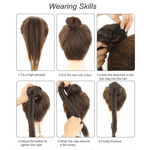 Vista 4 de Extensiones de cola de caballo trenzadas de espina de pescado de 15 pulgadas, extensiones de cabello sintético rizado con cordón de cola de caballo