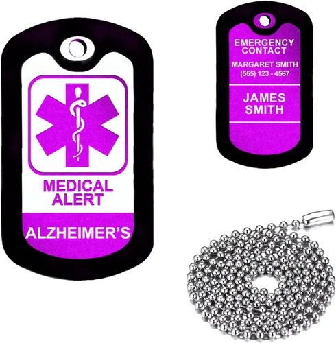 Alerta médica morada, Alzheimer, etiqueta de identificación médica de aluminio personalizada con collar de acero inoxidable de 24 pulgadas,