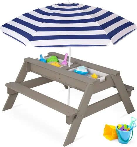 Best Choice Products Mesa de arena y agua 3 en 1 para niños, mesa de picnic convertible de madera para exteriores con paraguas, 2 bandejas, parte