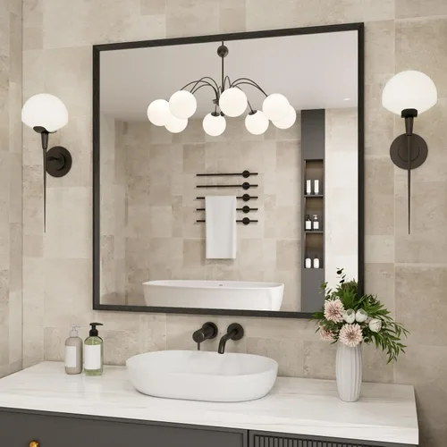 Vista 12 de JISOSO - Espejo de baño negro de 20x30 pulgadas con marco de metal negro, espejo de tocador rectangular redondeado con acabado mate para pared