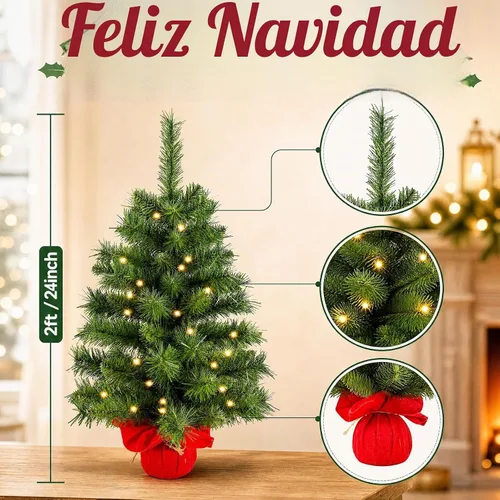 Vista 2 de Mini árbol de Navidad artificial preiluminado de 2 pies Árbol de mesa preiluminado de 2 pies, base de bolsa de tela pequeña con 50 luces, funciona