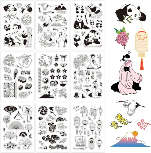 GLOBLELAND Juego de 9 hojas de sellos transparentes de estilo oriental para hacer tarjetas, sellos de silicona de panda, estilo japonés, sello
