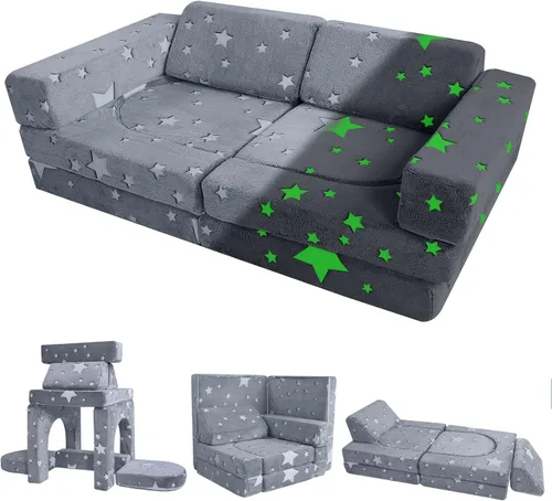 Vista 14 de Sofá modular para niños MeMoreCool – Sofá de dinosaurio de 8 piezas que brilla en la oscuridad para niños pequeños convertible en fuerte constructor
