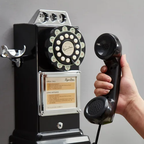 Vista 4 de Ryan Bros. Teléfono de pago retro americano de los 1950 con banco de monedas, teléfono fijo de pared con cable (negro)