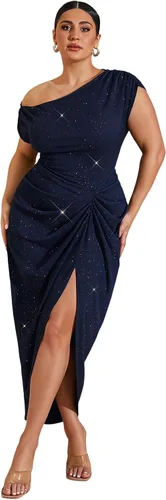 Vista 35 de Floerns Vestido de cóctel con cuello asimétrico y dobladillo fruncido para Azul oscuro
