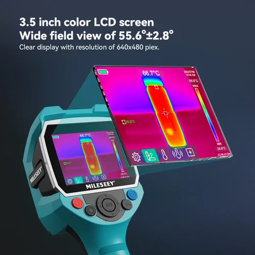 Vista 2 de MILESEEY - Cámara térmica de mano 256* 192 con resolución IR, pantalla LCD de 3,5 pulgadas, IP65, impermeable, recargable, 6 paletas, cámara térmica