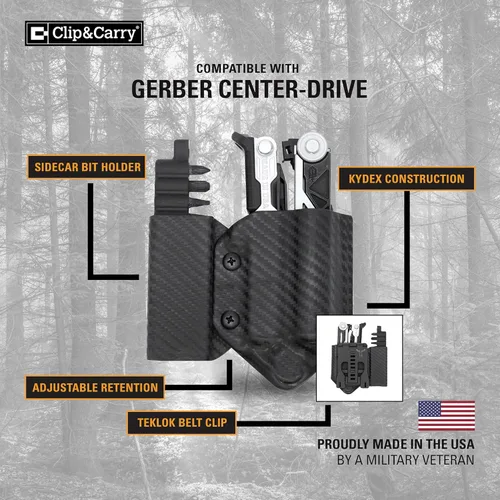 Vista 2 de Clip & Carry Kydex Funda multiherramienta para Gerber Center-Drive con soporte de sidecar opcional ~ Fabricado en Estados Unidos